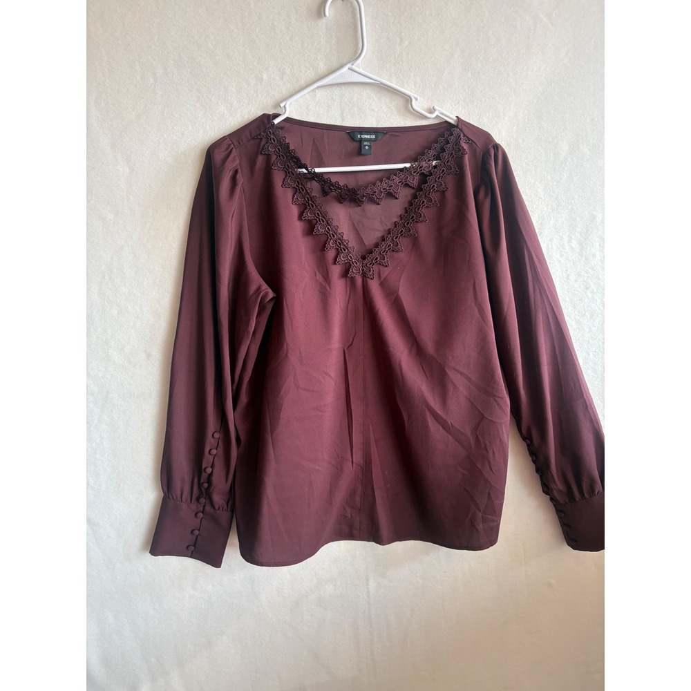Express Womens Burgundy Lace V-Neck Blouse Long Sleeve Button Cuff Top Medium